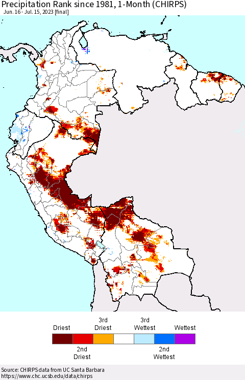 Northern South America Precipitation Rank since 1981, 1-Month (CHIRPS) Thematic Map For 6/16/2023 - 7/15/2023