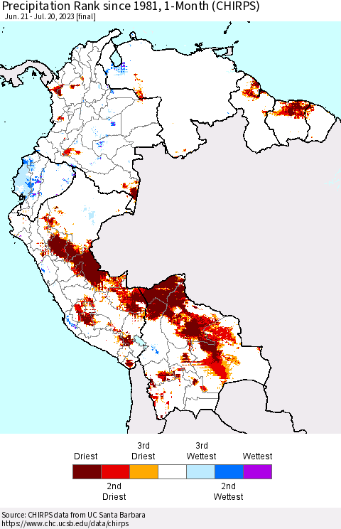 Northern South America Precipitation Rank since 1981, 1-Month (CHIRPS) Thematic Map For 6/21/2023 - 7/20/2023