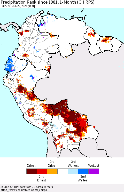 Northern South America Precipitation Rank since 1981, 1-Month (CHIRPS) Thematic Map For 6/26/2023 - 7/25/2023