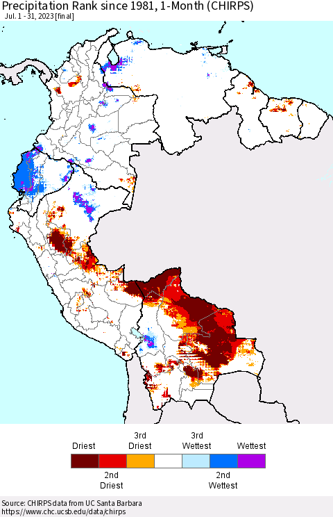 Northern South America Precipitation Rank since 1981, 1-Month (CHIRPS) Thematic Map For 7/1/2023 - 7/31/2023