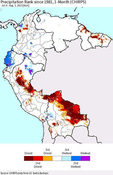 Northern South America Precipitation Rank since 1981, 1-Month (CHIRPS) Thematic Map For 7/6/2023 - 8/5/2023