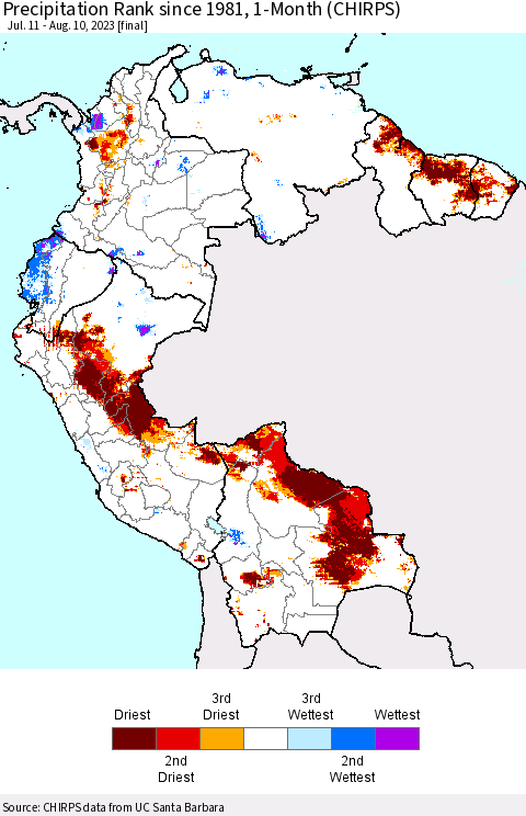 Northern South America Precipitation Rank since 1981, 1-Month (CHIRPS) Thematic Map For 7/11/2023 - 8/10/2023