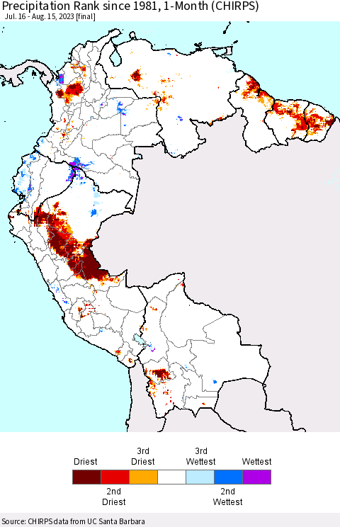 Northern South America Precipitation Rank since 1981, 1-Month (CHIRPS) Thematic Map For 7/16/2023 - 8/15/2023