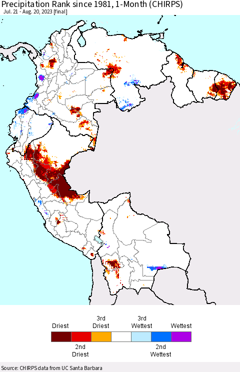 Northern South America Precipitation Rank since 1981, 1-Month (CHIRPS) Thematic Map For 7/21/2023 - 8/20/2023
