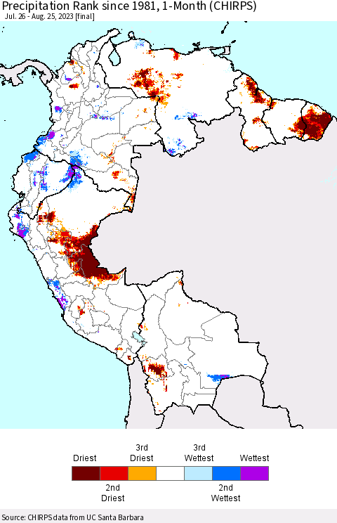 Northern South America Precipitation Rank since 1981, 1-Month (CHIRPS) Thematic Map For 7/26/2023 - 8/25/2023