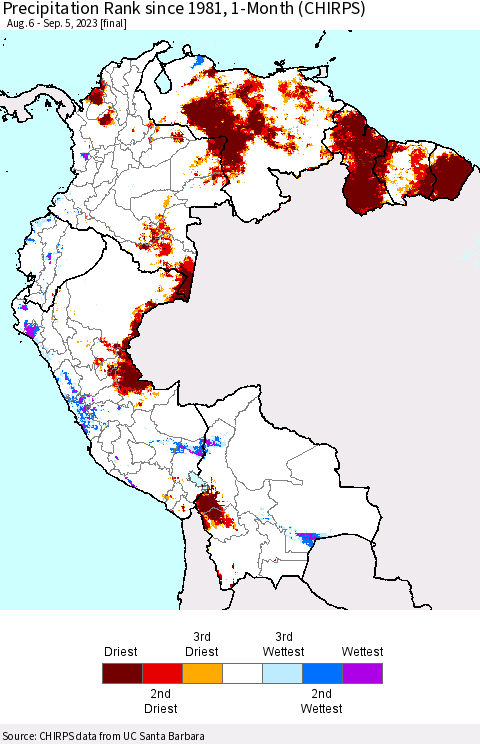 Northern South America Precipitation Rank since 1981, 1-Month (CHIRPS) Thematic Map For 8/6/2023 - 9/5/2023