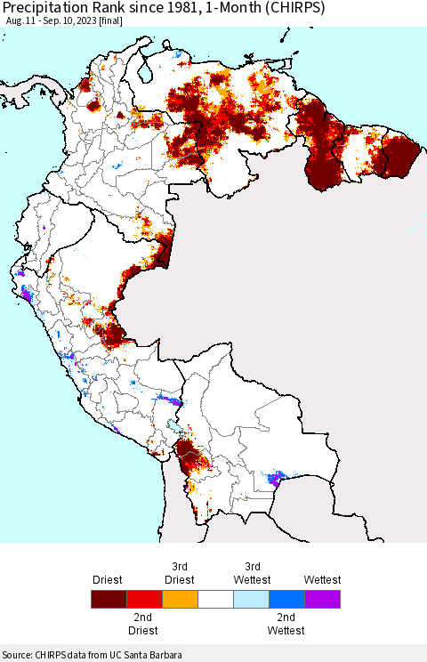 Northern South America Precipitation Rank since 1981, 1-Month (CHIRPS) Thematic Map For 8/11/2023 - 9/10/2023