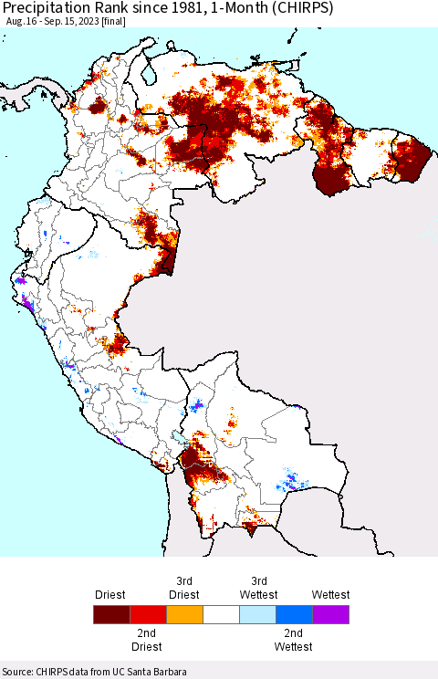Northern South America Precipitation Rank since 1981, 1-Month (CHIRPS) Thematic Map For 8/16/2023 - 9/15/2023