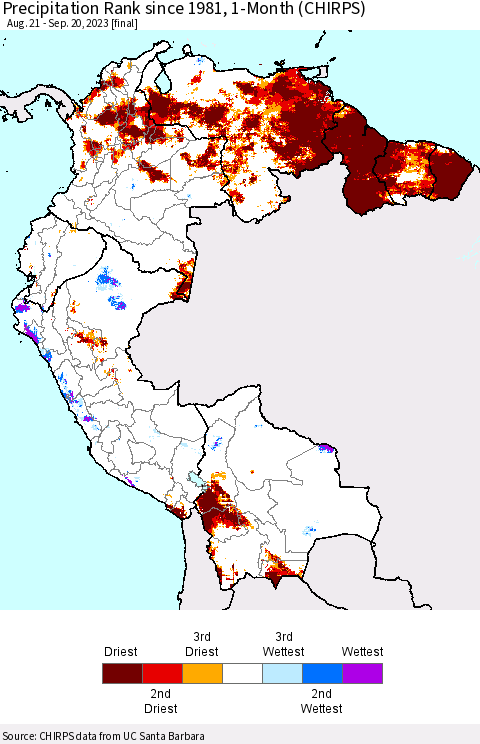 Northern South America Precipitation Rank since 1981, 1-Month (CHIRPS) Thematic Map For 8/21/2023 - 9/20/2023