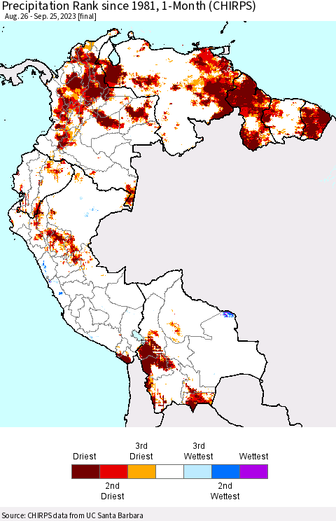 Northern South America Precipitation Rank since 1981, 1-Month (CHIRPS) Thematic Map For 8/26/2023 - 9/25/2023
