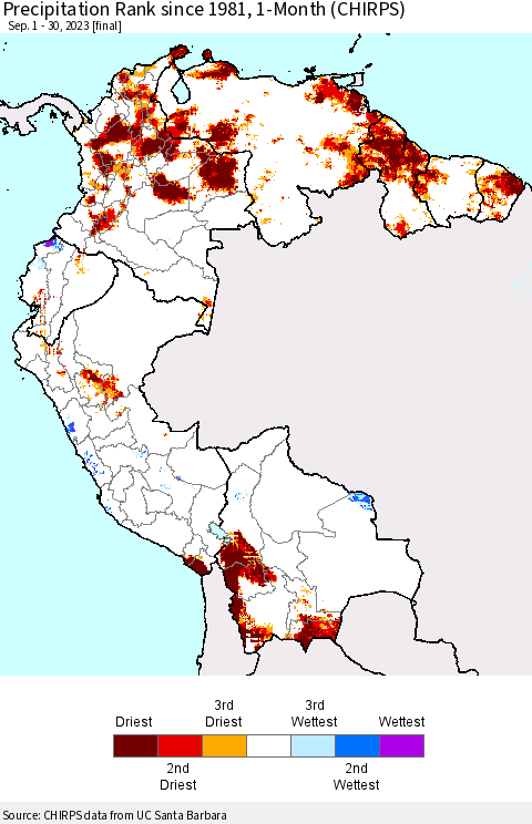 Northern South America Precipitation Rank since 1981, 1-Month (CHIRPS) Thematic Map For 9/1/2023 - 9/30/2023