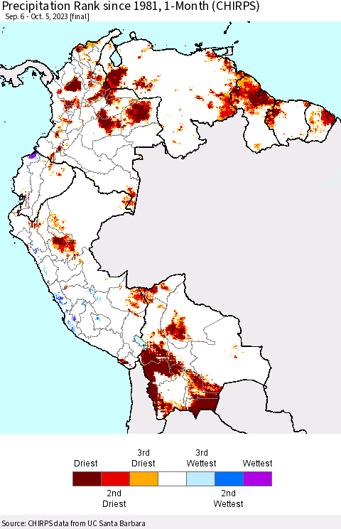 Northern South America Precipitation Rank since 1981, 1-Month (CHIRPS) Thematic Map For 9/6/2023 - 10/5/2023