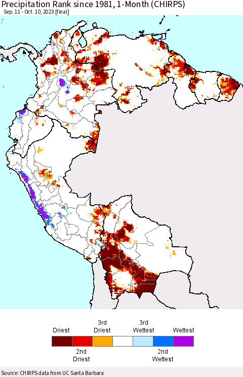Northern South America Precipitation Rank since 1981, 1-Month (CHIRPS) Thematic Map For 9/11/2023 - 10/10/2023