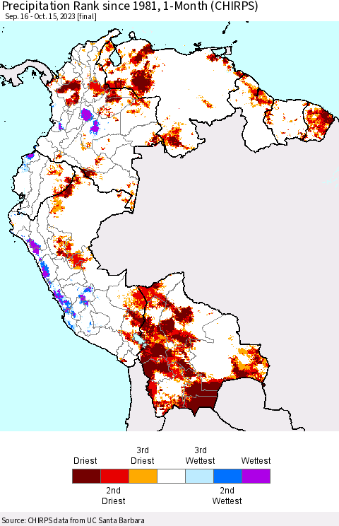 Northern South America Precipitation Rank since 1981, 1-Month (CHIRPS) Thematic Map For 9/16/2023 - 10/15/2023