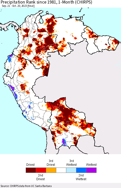 Northern South America Precipitation Rank since 1981, 1-Month (CHIRPS) Thematic Map For 9/21/2023 - 10/20/2023