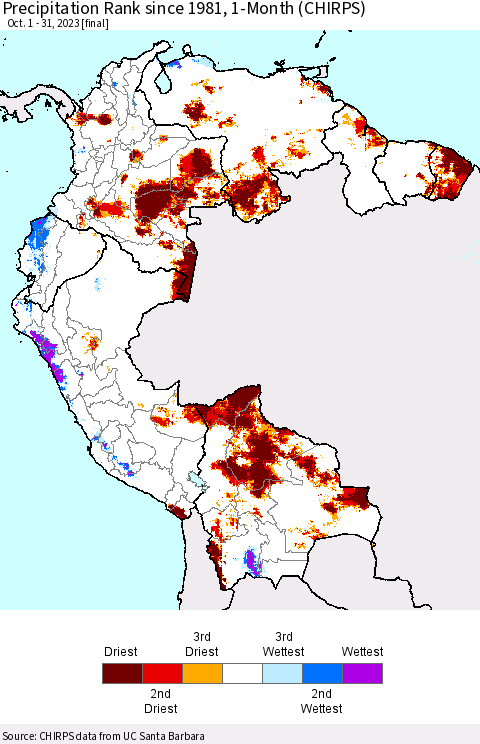 Northern South America Precipitation Rank since 1981, 1-Month (CHIRPS) Thematic Map For 10/1/2023 - 10/31/2023