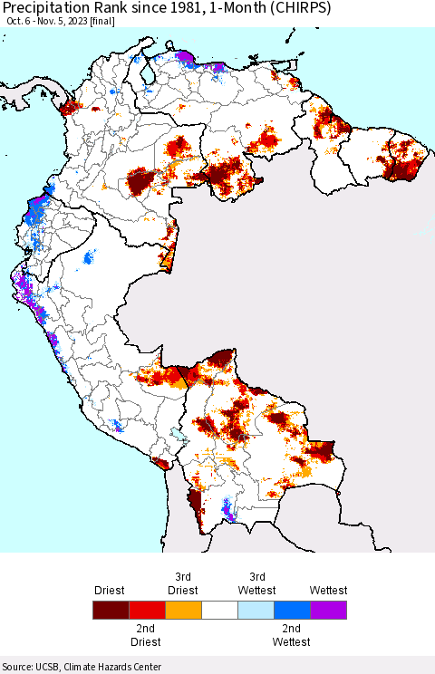 Northern South America Precipitation Rank since 1981, 1-Month (CHIRPS) Thematic Map For 10/6/2023 - 11/5/2023