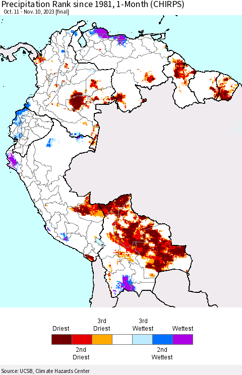 Northern South America Precipitation Rank since 1981, 1-Month (CHIRPS) Thematic Map For 10/11/2023 - 11/10/2023
