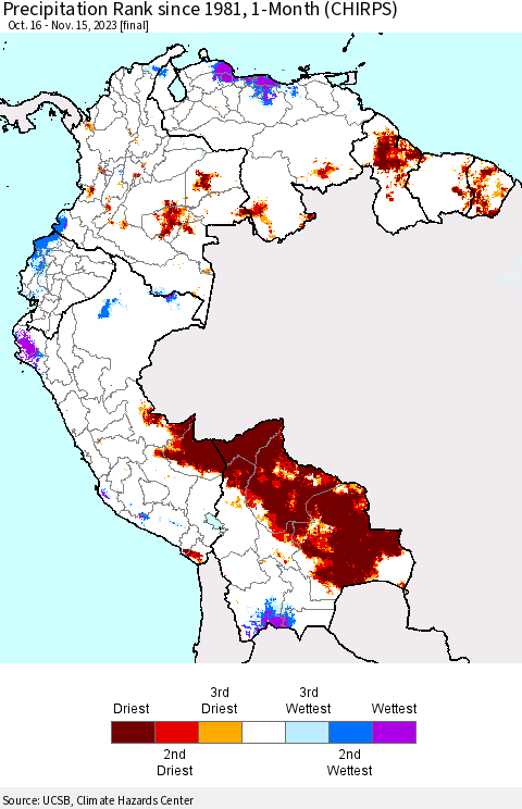 Northern South America Precipitation Rank since 1981, 1-Month (CHIRPS) Thematic Map For 10/16/2023 - 11/15/2023