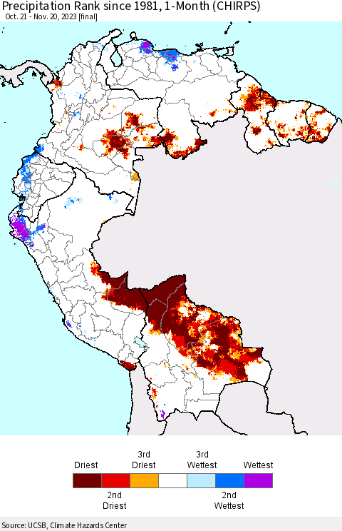 Northern South America Precipitation Rank since 1981, 1-Month (CHIRPS) Thematic Map For 10/21/2023 - 11/20/2023
