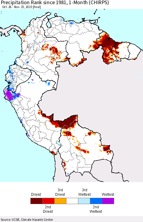 Northern South America Precipitation Rank since 1981, 1-Month (CHIRPS) Thematic Map For 10/26/2023 - 11/25/2023