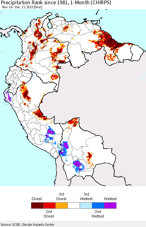 Northern South America Precipitation Rank since 1981, 1-Month (CHIRPS) Thematic Map For 11/16/2023 - 12/15/2023