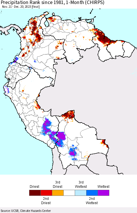 Northern South America Precipitation Rank since 1981, 1-Month (CHIRPS) Thematic Map For 11/21/2023 - 12/20/2023