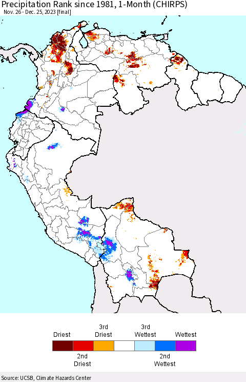 Northern South America Precipitation Rank since 1981, 1-Month (CHIRPS) Thematic Map For 11/26/2023 - 12/25/2023