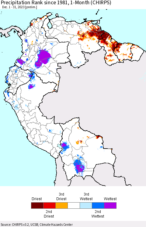 Northern South America Precipitation Rank since 1981, 1-Month (CHIRPS) Thematic Map For 12/1/2023 - 12/31/2023