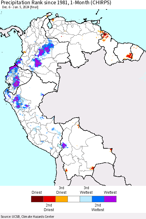 Northern South America Precipitation Rank since 1981, 1-Month (CHIRPS) Thematic Map For 12/6/2023 - 1/5/2024