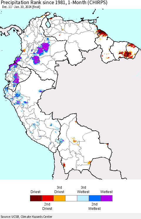 Northern South America Precipitation Rank since 1981, 1-Month (CHIRPS) Thematic Map For 12/11/2023 - 1/10/2024