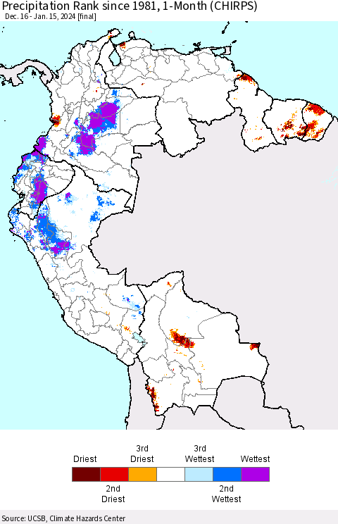 Northern South America Precipitation Rank since 1981, 1-Month (CHIRPS) Thematic Map For 12/16/2023 - 1/15/2024