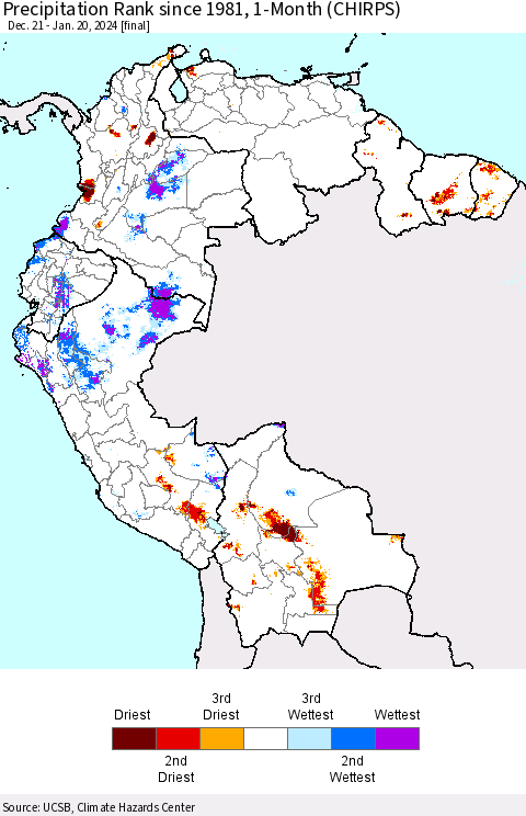 Northern South America Precipitation Rank since 1981, 1-Month (CHIRPS) Thematic Map For 12/21/2023 - 1/20/2024