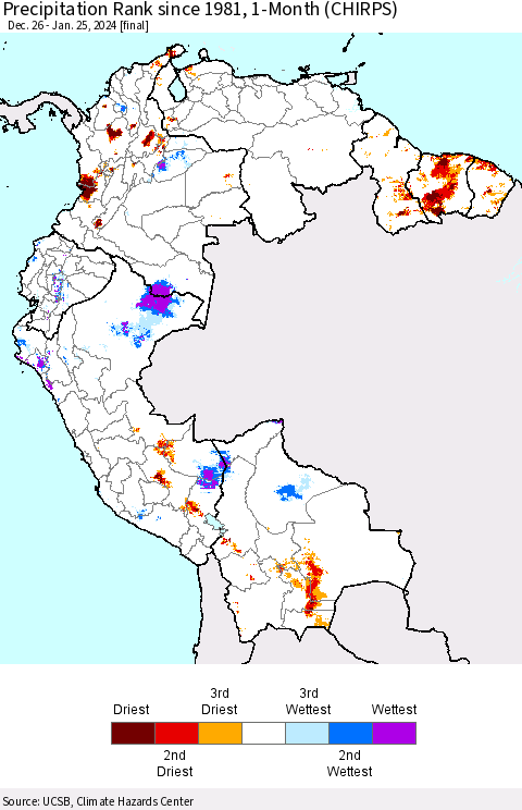 Northern South America Precipitation Rank since 1981, 1-Month (CHIRPS) Thematic Map For 12/26/2023 - 1/25/2024