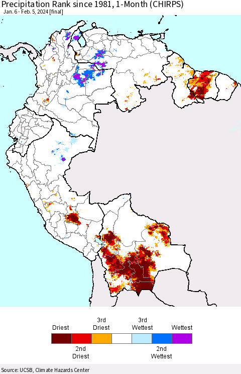 Northern South America Precipitation Rank since 1981, 1-Month (CHIRPS) Thematic Map For 1/6/2024 - 2/5/2024