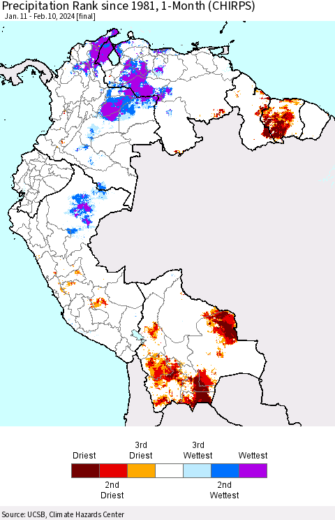 Northern South America Precipitation Rank since 1981, 1-Month (CHIRPS) Thematic Map For 1/11/2024 - 2/10/2024