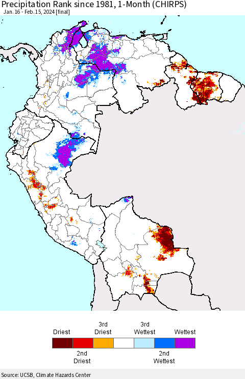 Northern South America Precipitation Rank since 1981, 1-Month (CHIRPS) Thematic Map For 1/16/2024 - 2/15/2024