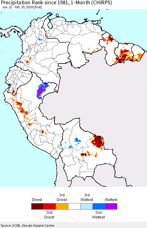 Northern South America Precipitation Rank since 1981, 1-Month (CHIRPS) Thematic Map For 1/21/2024 - 2/20/2024