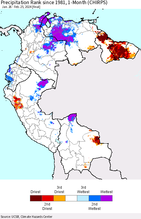 Northern South America Precipitation Rank since 1981, 1-Month (CHIRPS) Thematic Map For 1/26/2024 - 2/25/2024