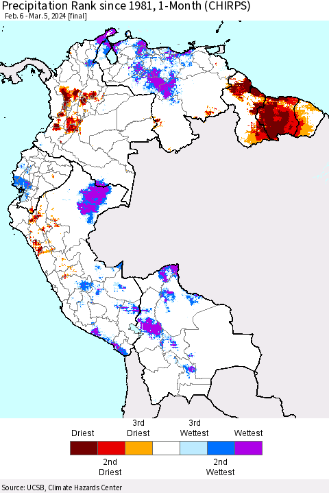 Northern South America Precipitation Rank since 1981, 1-Month (CHIRPS) Thematic Map For 2/6/2024 - 3/5/2024