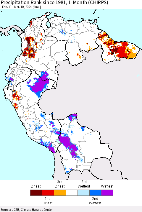 Northern South America Precipitation Rank since 1981, 1-Month (CHIRPS) Thematic Map For 2/11/2024 - 3/10/2024