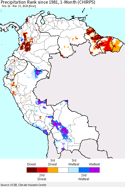 Northern South America Precipitation Rank since 1981, 1-Month (CHIRPS) Thematic Map For 2/16/2024 - 3/15/2024