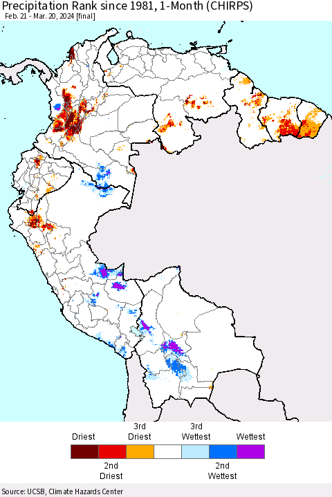 Northern South America Precipitation Rank since 1981, 1-Month (CHIRPS) Thematic Map For 2/21/2024 - 3/20/2024