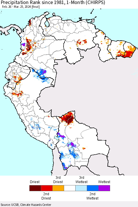 Northern South America Precipitation Rank since 1981, 1-Month (CHIRPS) Thematic Map For 2/26/2024 - 3/25/2024