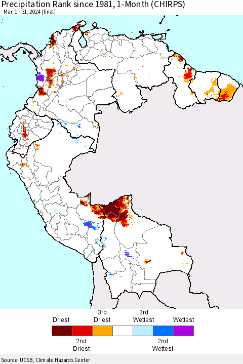 Northern South America Precipitation Rank since 1981, 1-Month (CHIRPS) Thematic Map For 3/1/2024 - 3/31/2024