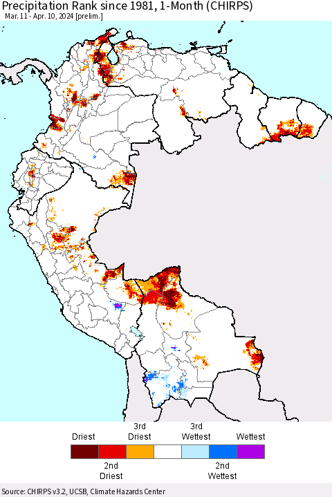 Northern South America Precipitation Rank since 1981, 1-Month (CHIRPS) Thematic Map For 3/11/2024 - 4/10/2024