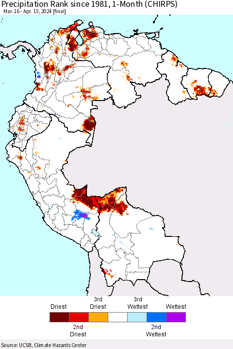 Northern South America Precipitation Rank since 1981, 1-Month (CHIRPS) Thematic Map For 3/16/2024 - 4/15/2024