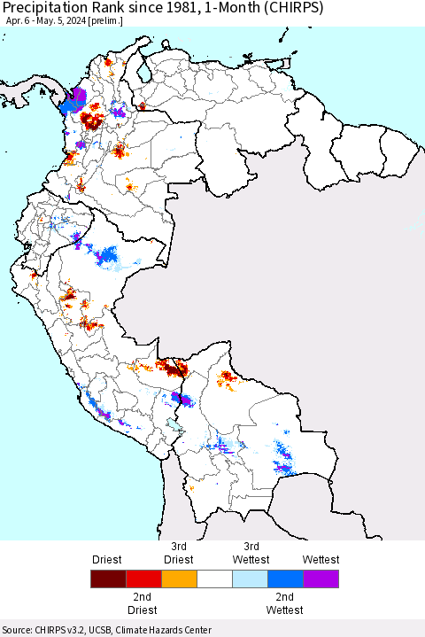 Northern South America Precipitation Rank since 1981, 1-Month (CHIRPS) Thematic Map For 4/6/2024 - 5/5/2024