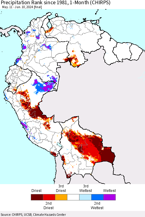 Northern South America Precipitation Rank since 1981, 1-Month (CHIRPS) Thematic Map For 5/11/2024 - 6/10/2024