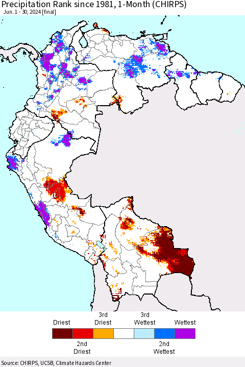 Northern South America Precipitation Rank since 1981, 1-Month (CHIRPS) Thematic Map For 6/1/2024 - 6/30/2024